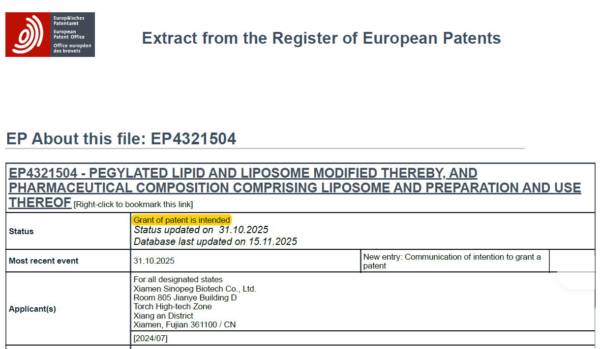 赛诺邦格mPEG-DTA-1与HO-PEG-DTA-5获欧洲专利授权，国产高端LNP辅料赢得国际认可